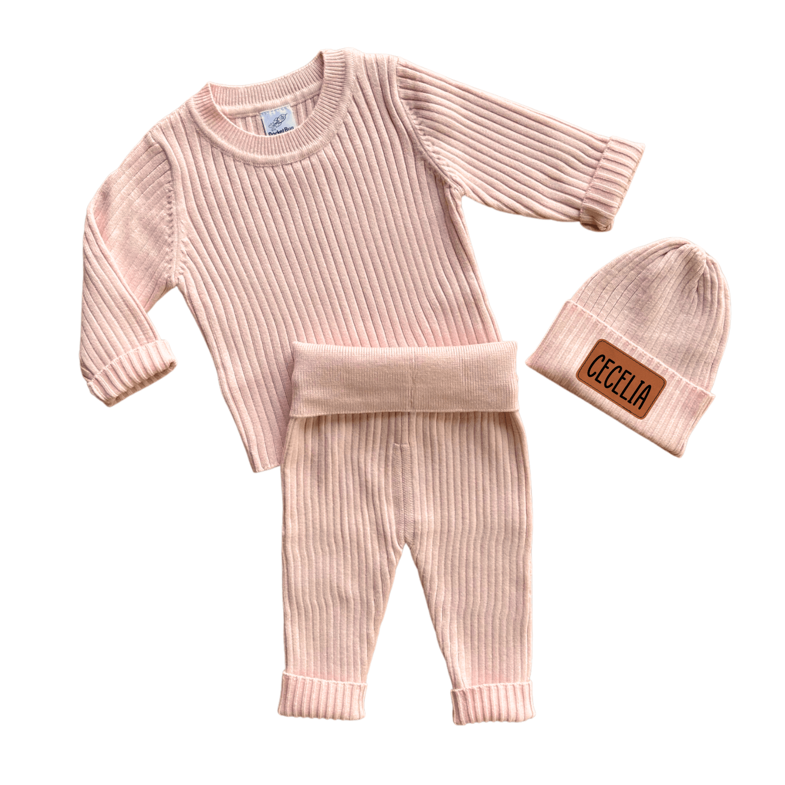 Soft Knit Baby Set with Personalized "Leather" Patch - undefined - Rocket Bug